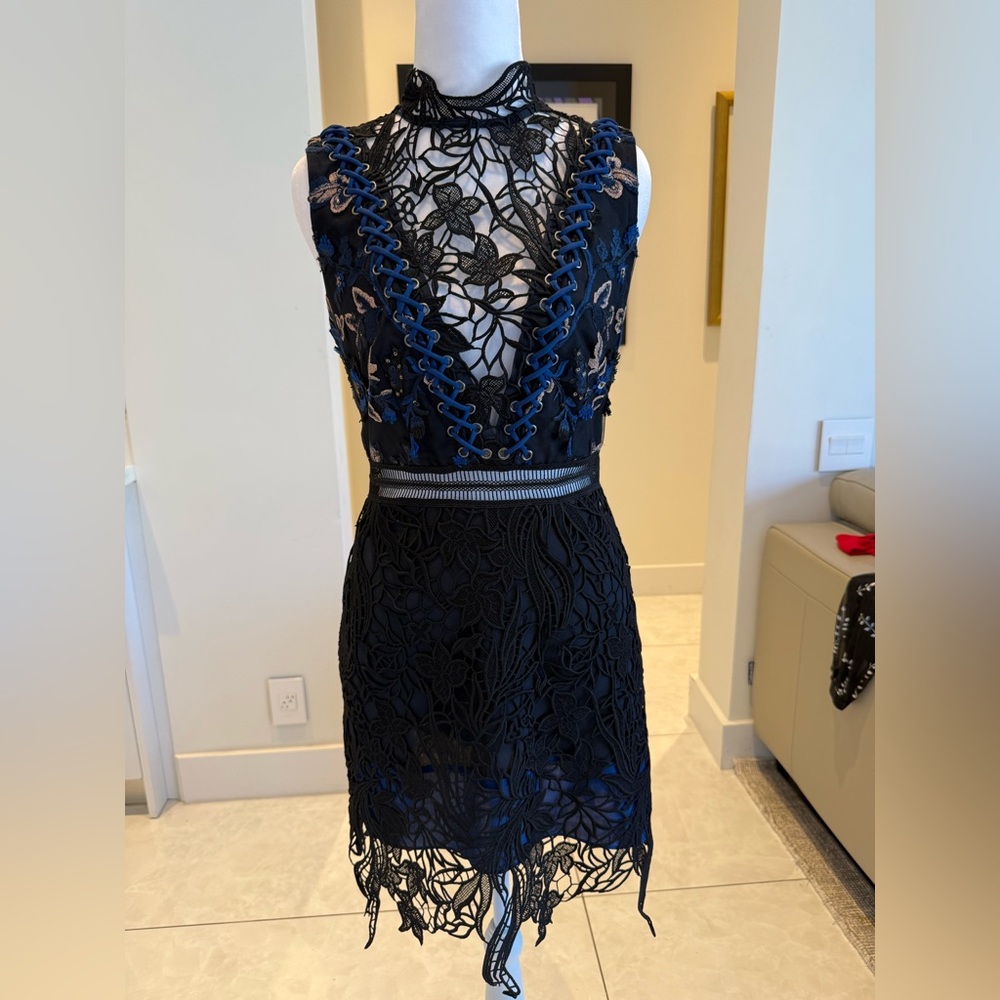 Self-Portrait size 4 Navy and Black Lace Plunge Mini Dress
